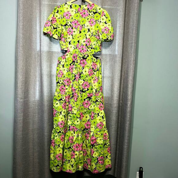 WAYF Dress Size XL Floral Short Sleeve Side Cutout Maxi Lime Fuschia - Picture 2 of 13
